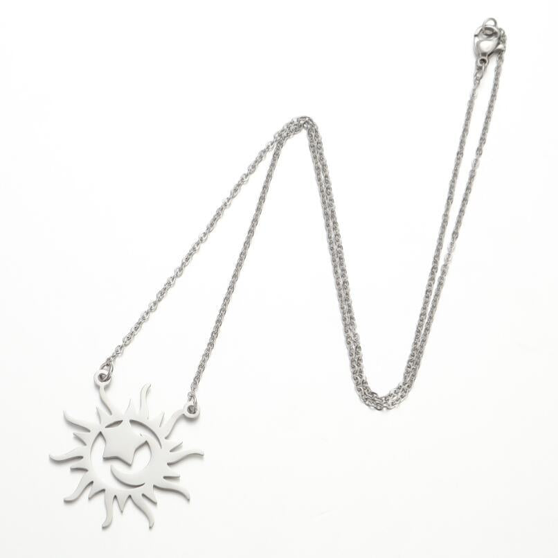 Retro Sun and Moon Geometric Pendant Necklace in Titanium Steel