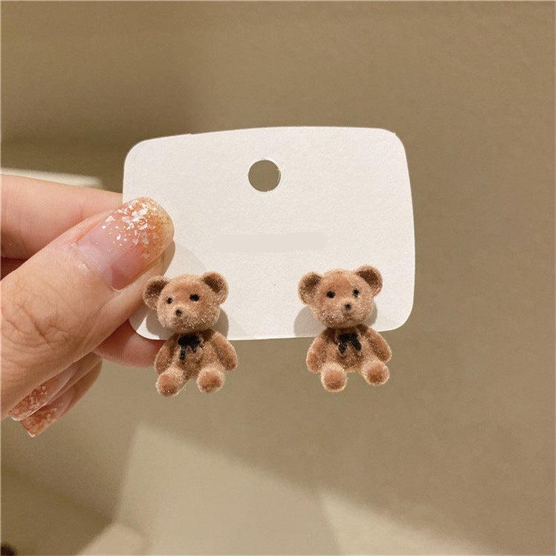 Cute Velvet Bow Bear Stud Earrings - Minimalist 925 Silver Needle Fashion Jewelry