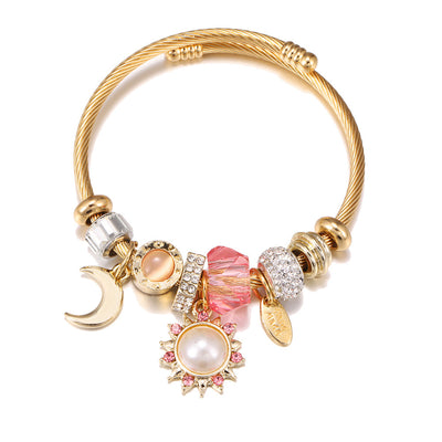 Golden Sunflower Moon Pendant Zircon Women's Bangle Bracelet