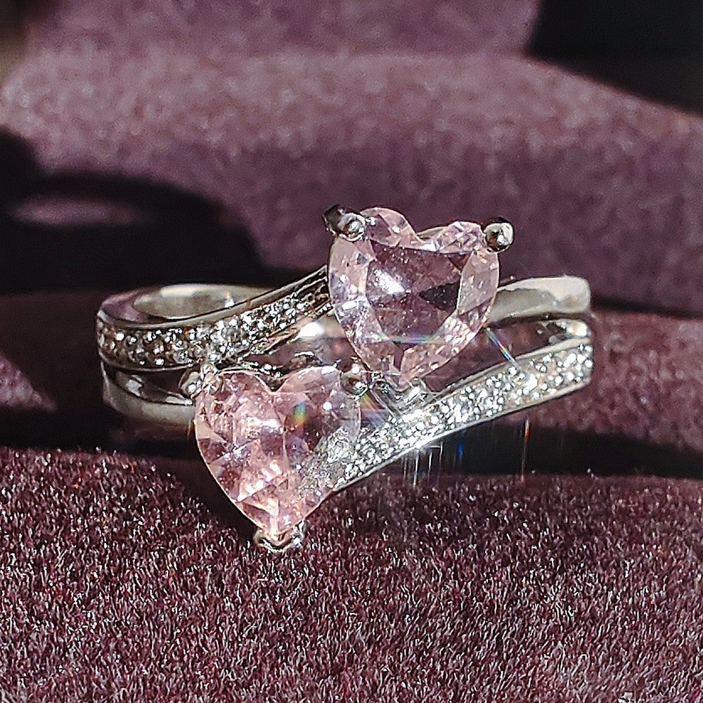 Fashion Double Heart Zircon Gemstone Platinum-Plated Copper Ring Jewelry