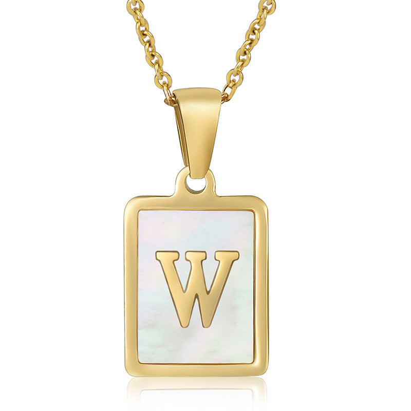 Stainless Steel Alphabet Pendant Necklace with Inlay Shell and 18K Gold Plating