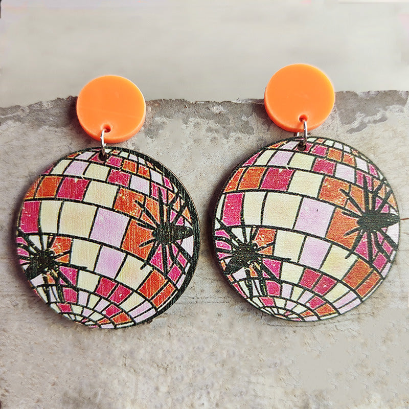 Retro Pumpkin Ghost Spider Wood Earrings for Women