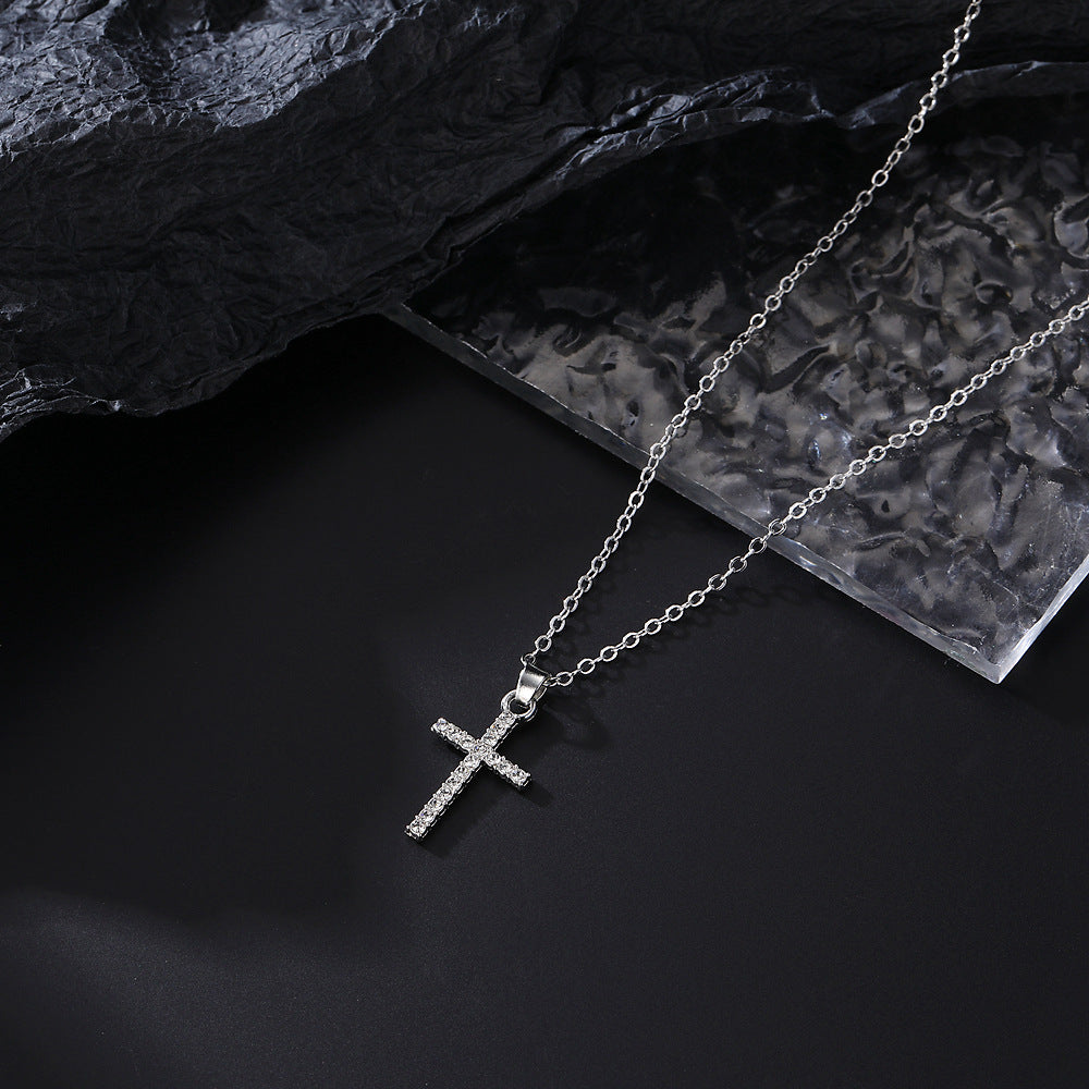 Alloy Geometric Cross Pendant Necklace with Rhinestone Accents