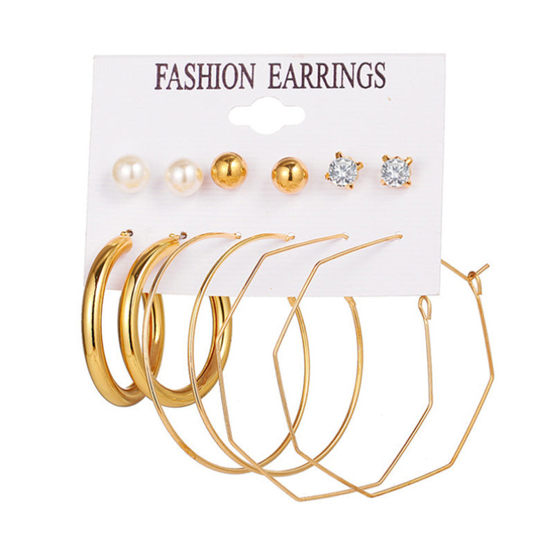 New Inlaid Pearl Gold Hoop Earring Set - 9 Pieces