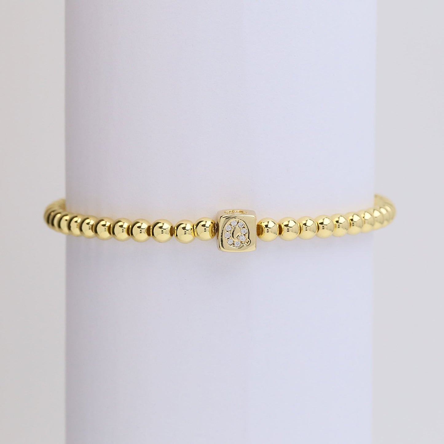 18k Gold Plated Copper Letter Zircon Beaded Stretch Bracelet