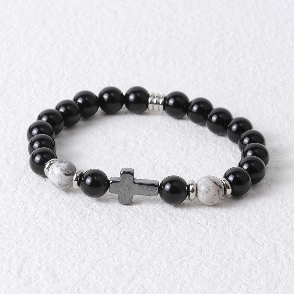 Hip-Hop Retro Natural Stone Beaded Men's Bracelet with Tiger's Eye and Black Gallstone Cross