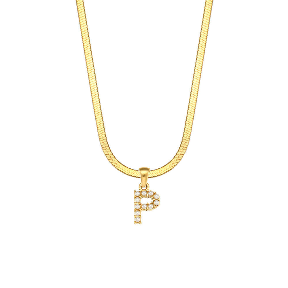 Elegant Letter Pendant Necklace with 18K Gold Plated Snake Chain and Artificial Pearls