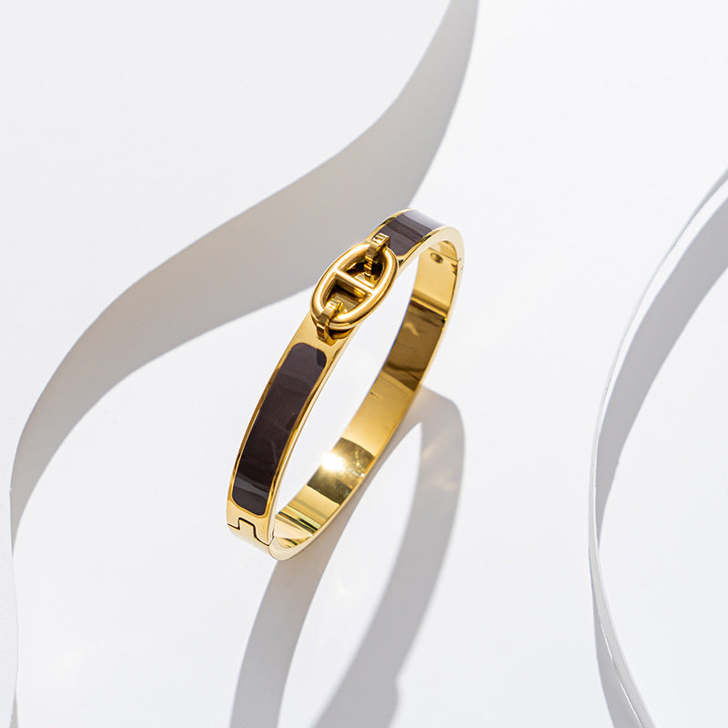 Cute Oval Enamel Stainless Steel Bangle with 18K Gold, Rose Gold, and Silver Plating