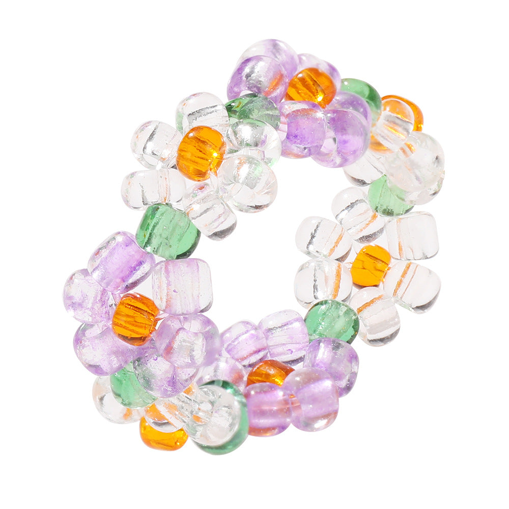 Simple Crystal Bead Elastic Woven Flower Ring in Candy Colors