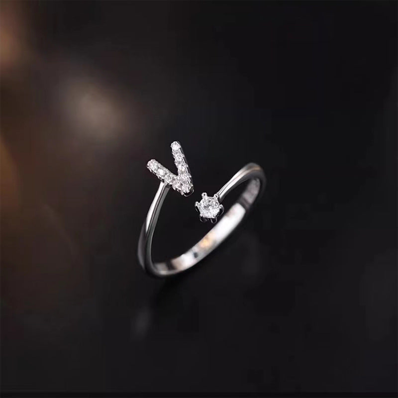 26 English Letters Zircon Sterling Silver S925 Adjustable Ring Jewelry