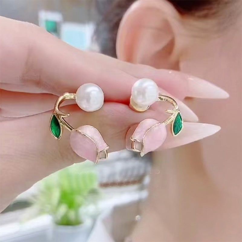 Sweet Tulip Pink Pearl Stud Earrings - Versatile and Chic Women's Jewelry