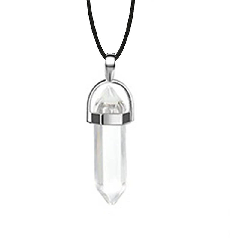 Hexagon Prism Natural Stone Leather Rope Necklace with Quartz Point Pendant