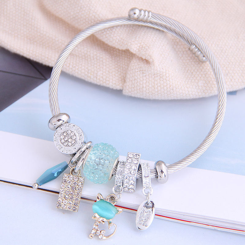 Bohemian Vintage Stainless Steel Cat Pendant Bracelet - Fashion Metal Multi-Element Accessories