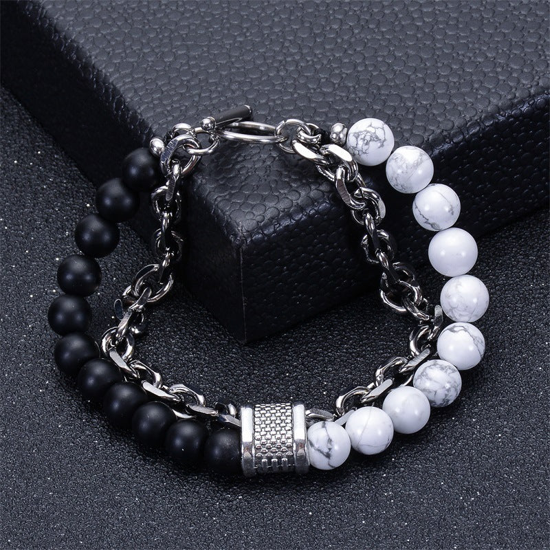 Geometric Natural Stone Lava Bead Stainless Steel Double Layer Bracelet