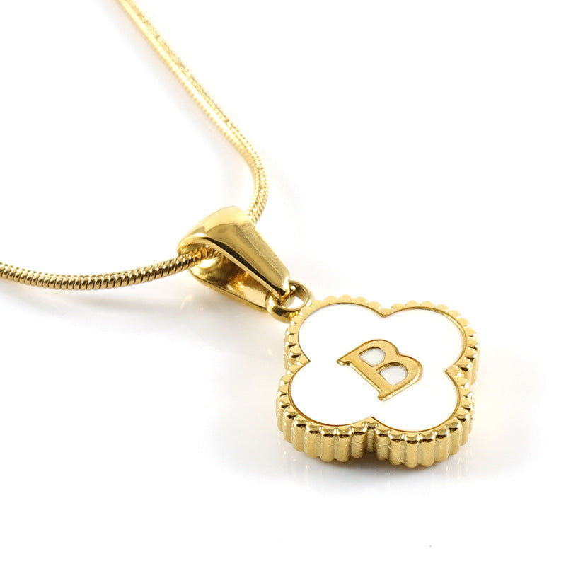 Clover Shell Letter Pendant Gold Plated Stainless Steel Snake Chain Necklace