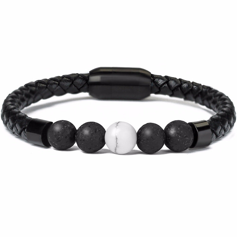 Fashion Circle PU Leather & 8mm Tiger Eye Stone Beaded Men's Bracelet with Magnetic Clasp