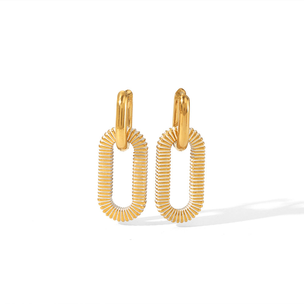 1 Pair Elegant Retro Oval Thread Polished 18K Gold Plated Stainless Steel Chain Hoop Earrings