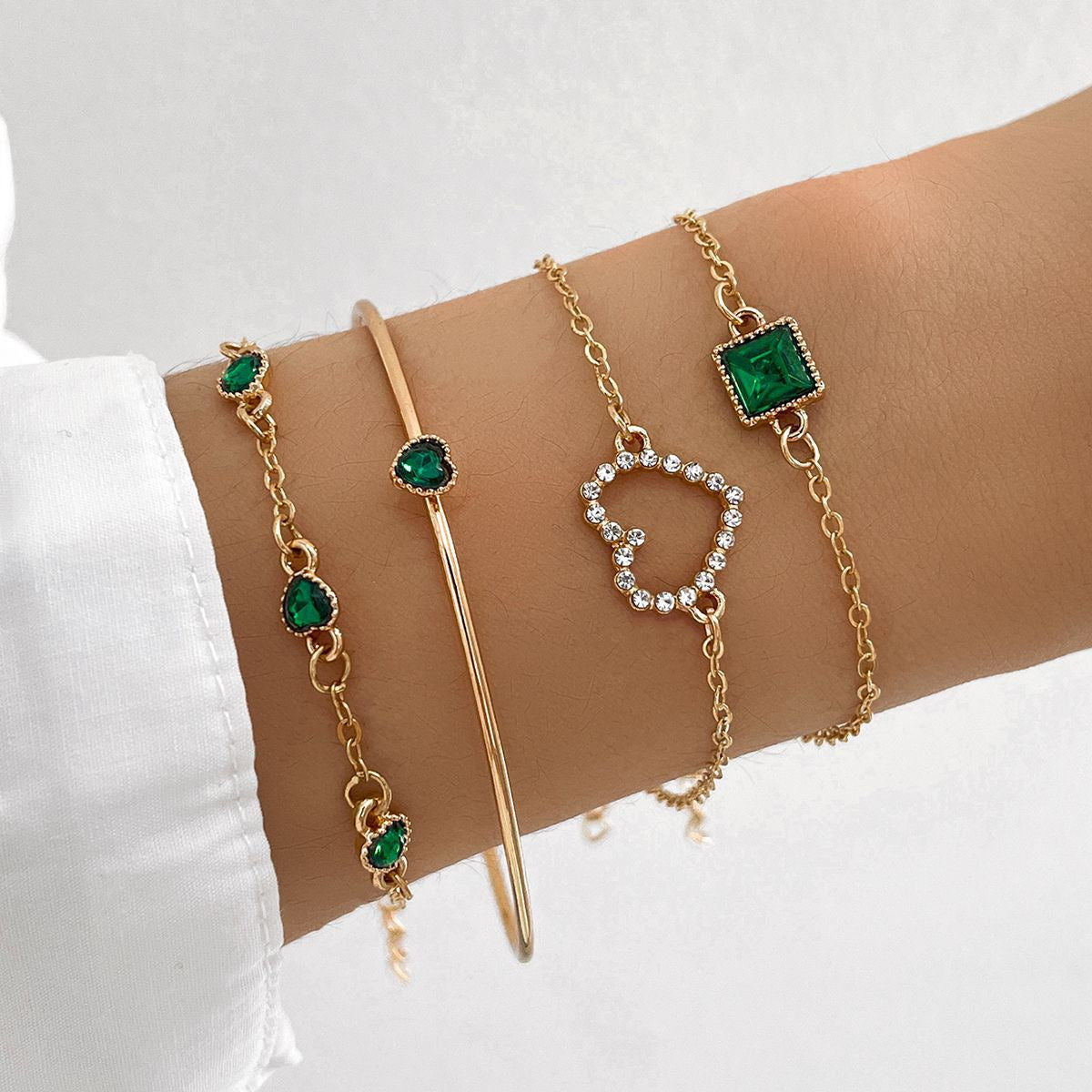 Sweet Streetwear Square Heart Gemstone Metal Bracelet Set - 4 Pieces