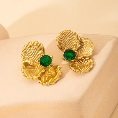 1 Pair Modern Classic Flower Design Green Stone Gold Plated Stainless Steel Stud Earrings