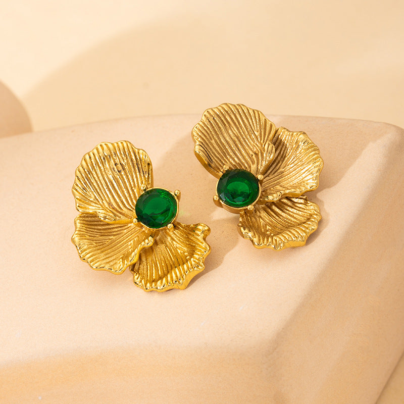 1 Pair Modern Classic Flower Design Green Stone Gold Plated Stainless Steel Stud Earrings