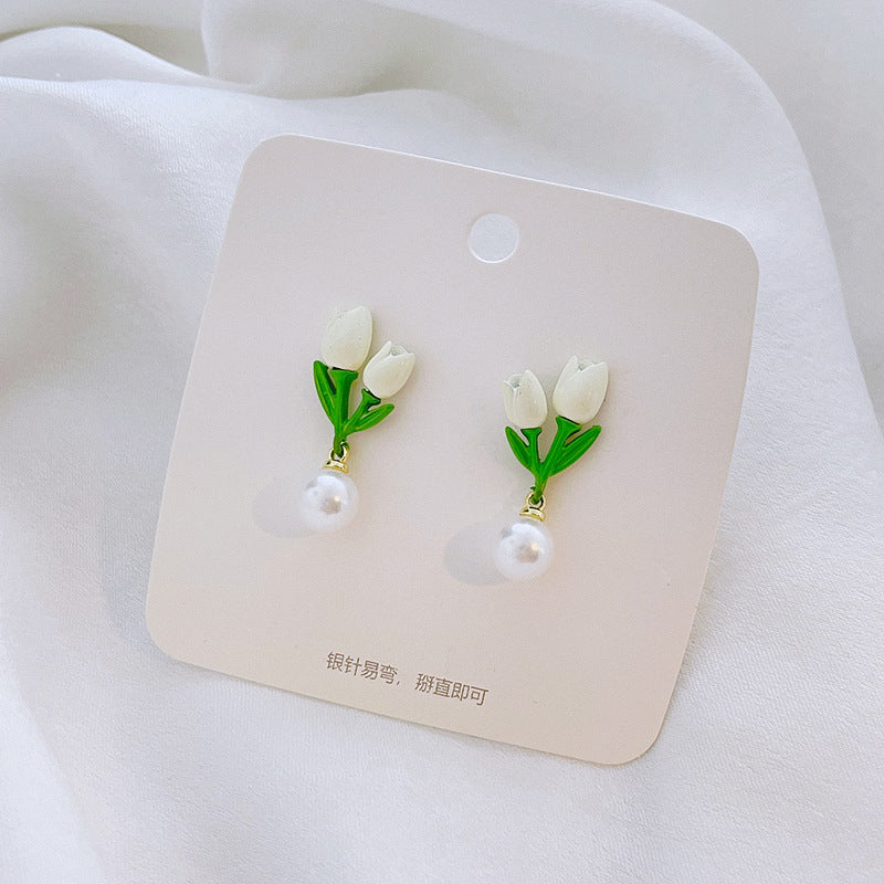 Fairy Leaf Flower Opal Zircon Earrings with Imitation Pearl and Green Tulip Tassel Design