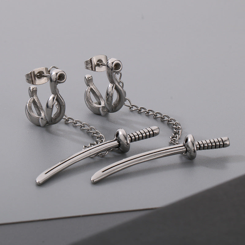 1 Pair Gothic Punk Skull Cross Sword Zircon Stainless Steel Earrings
