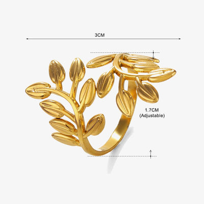 18K Gold Plated Stainless Steel Leaf Adjustable Open Ring