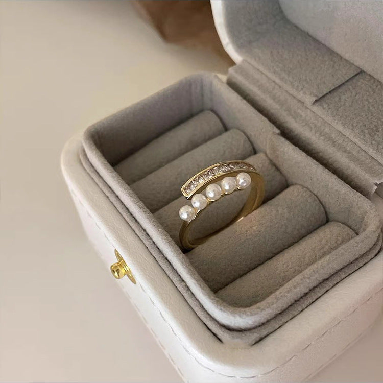 New Fashion Geometric Love Gold and Zircon Pearl Open Ring Set