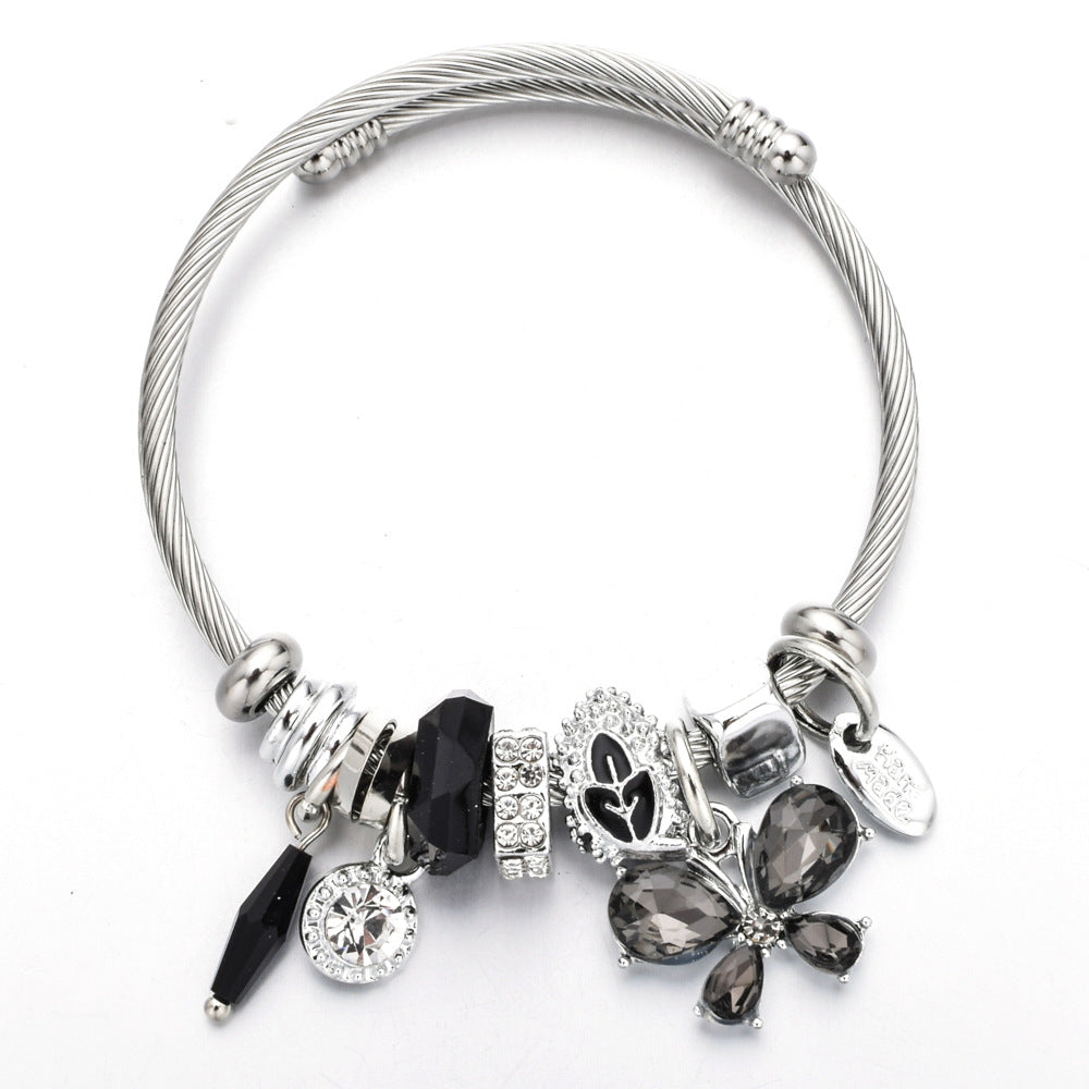 Fashion Metal Bunny Pendant & Crystal Bead Adjustable Stainless Steel Bracelet