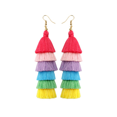 Bohemian Rainbow Tassel Drop Earrings - Vintage Long Handmade Statement Jewelry