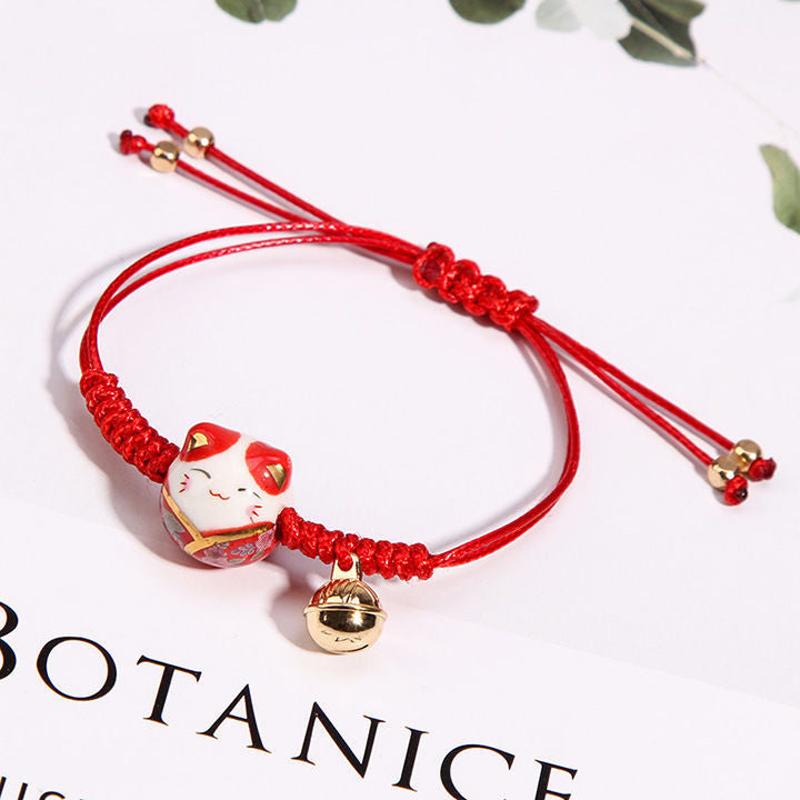 Korean Fashion Ceramic Lucky Cat Adjustable Weaving Bracelet for Women