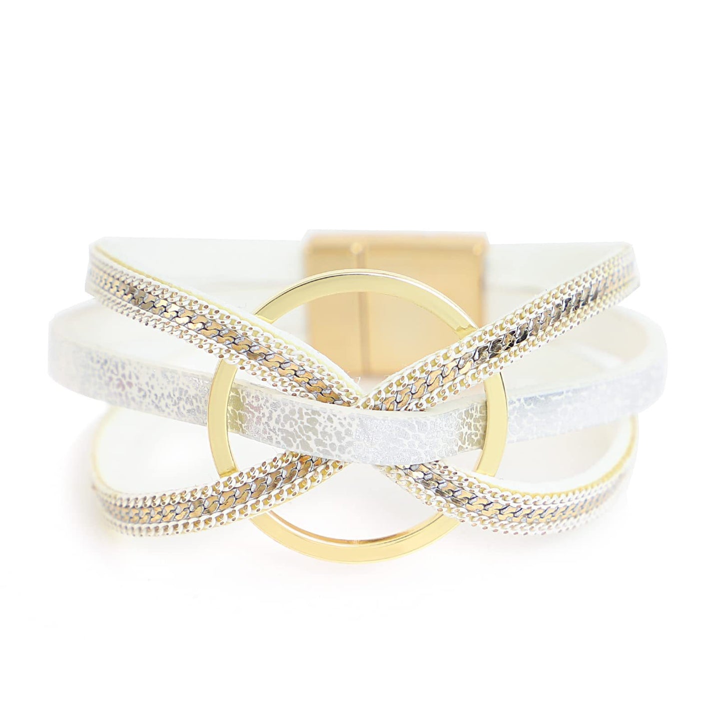 Multilayer Geometric Alloy Circle Magnetic Leather Bracelet for Women