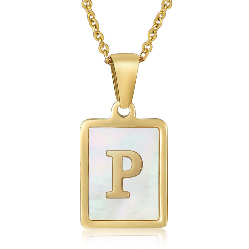 Stainless Steel Alphabet Pendant Necklace with Inlay Shell and 18K Gold Plating