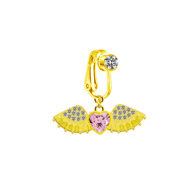 IG Style Heart Shape Wing Belly Ring - Stainless Steel & Gold Plated, Non-Piercing Navel Clip