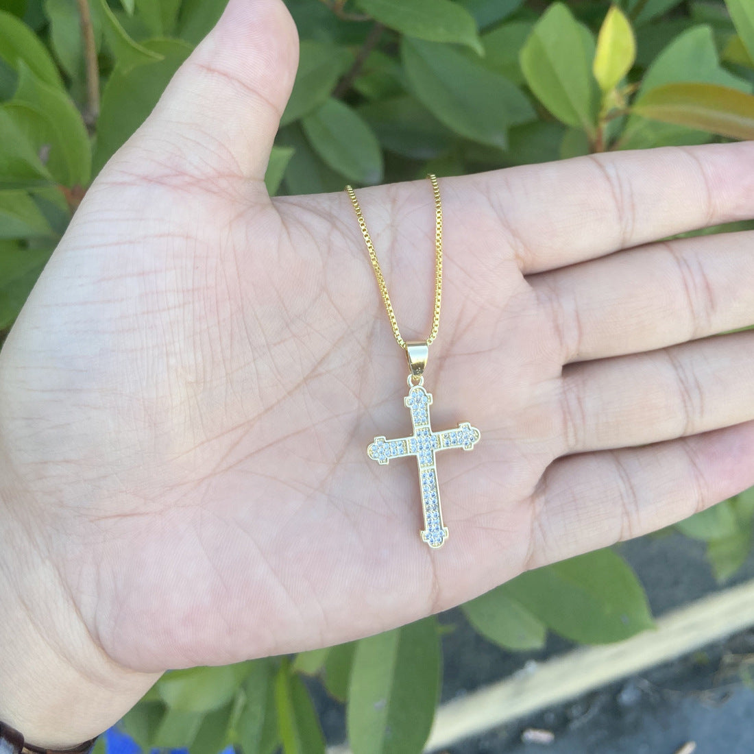 18k Gold Plated Copper Cross Pendant Necklace with Zircon Inlay
