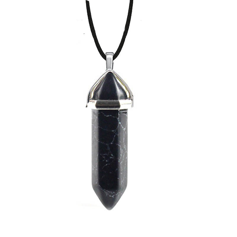 Hexagon Prism Natural Stone Leather Rope Necklace with Quartz Point Pendant