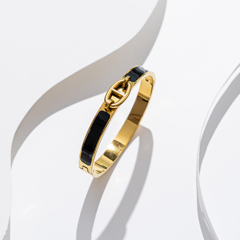 Cute Oval Enamel Stainless Steel Bangle with 18K Gold, Rose Gold, and Silver Plating