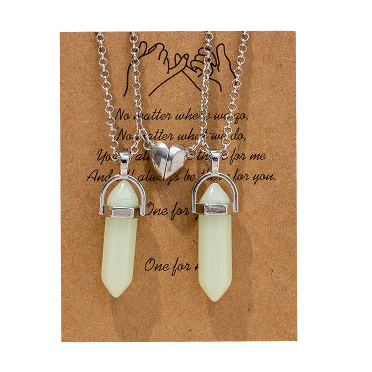 Hexagonal Crystal Quartz Pendant Necklace Set with Water Droplet Gemstone Inlay