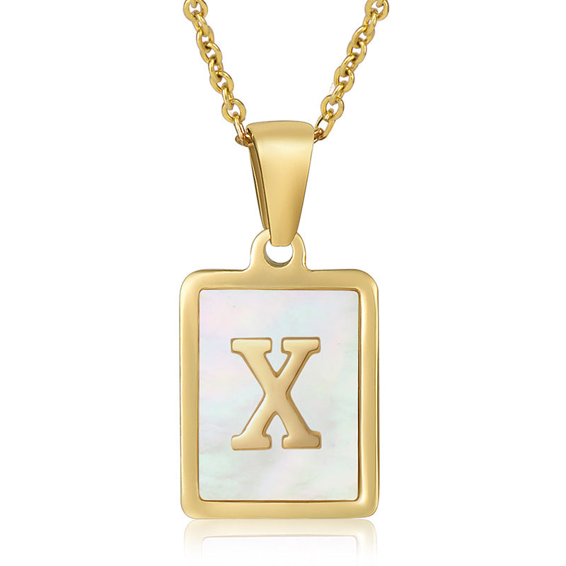 Stainless Steel Alphabet Pendant Necklace with Inlay Shell and 18K Gold Plating