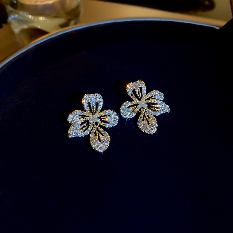 Fairy Flower Zirconia Pearl Stud Earrings for Women