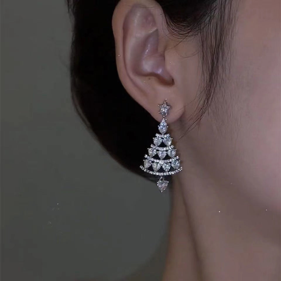 Fashion Rotatable Christmas Tree Snowflake Zircon Stud Earrings in 925 Silver