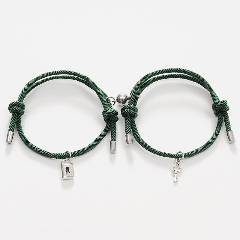 Alloy Key Lock Magnetic Couple Hand Rope Bracelet Set