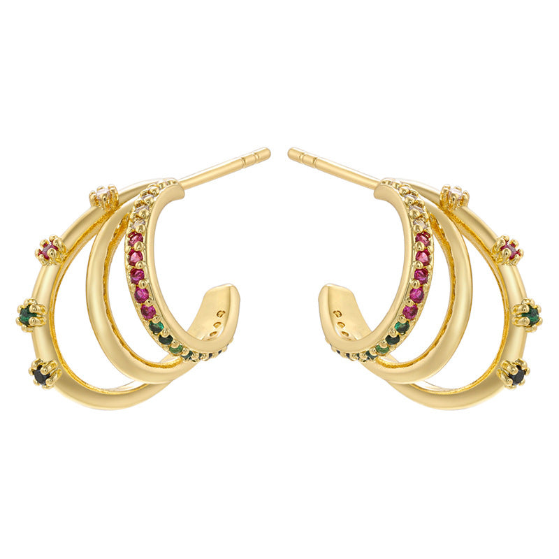 1 Pair Minimalist C Shape 18k Gold Plated Zircon Inlay Ear Studs