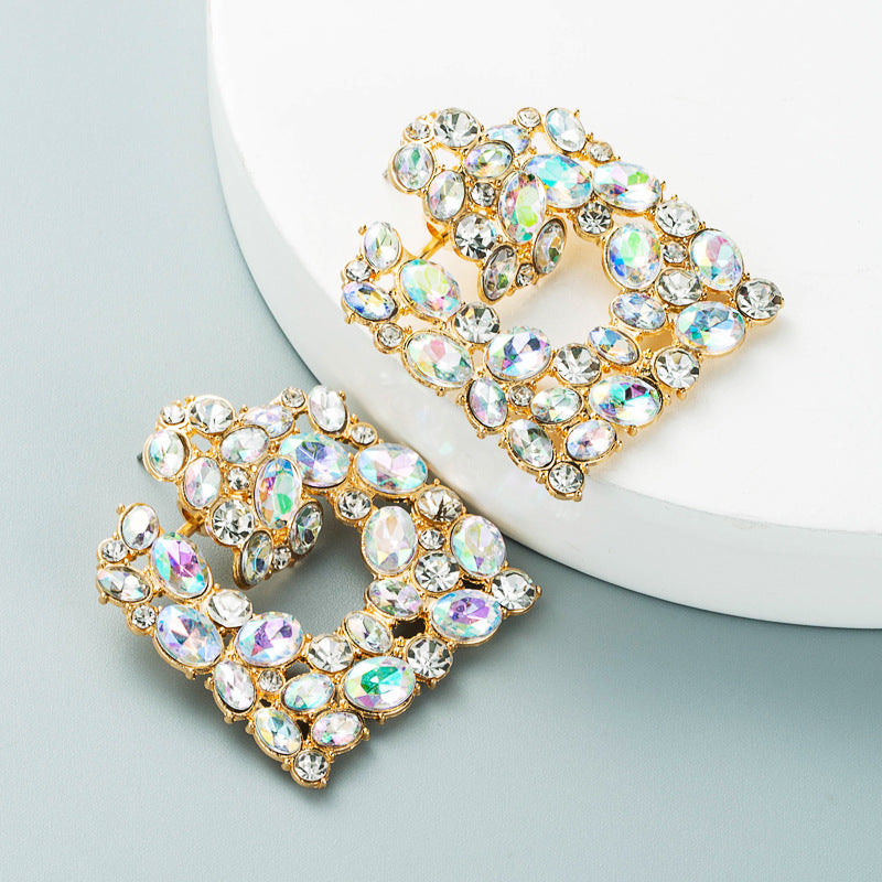 Exaggerated Geometric Square Color Rhinestone Alloy Earrings