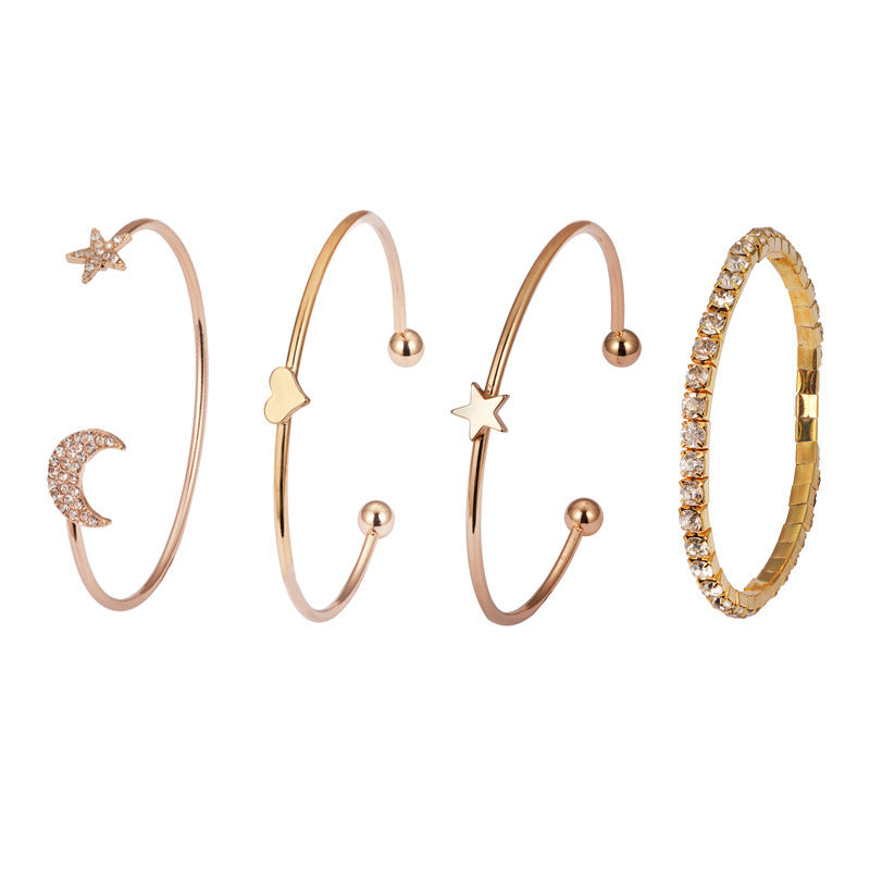 Simple and Stylish Star and Moon Studded Glossy Peach Heart Bracelet Set