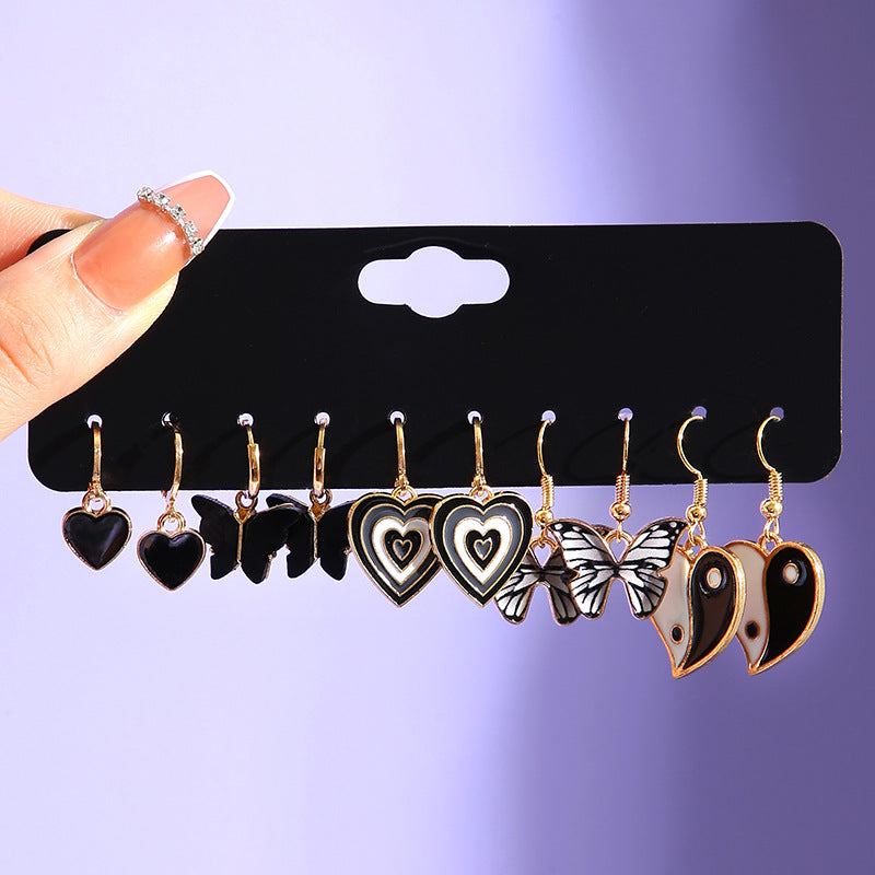 Geometric Heart & Checkerboard Pattern Earrings Set - 6 Pairs