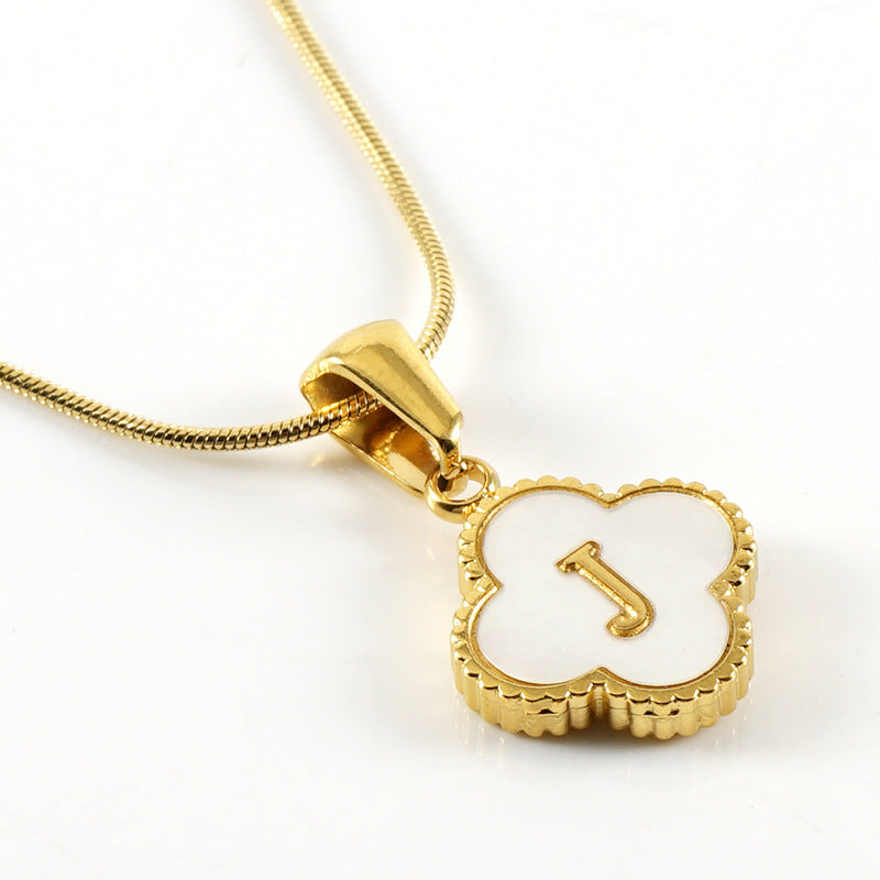 Clover Shell Letter Pendant Gold Plated Stainless Steel Snake Chain Necklace