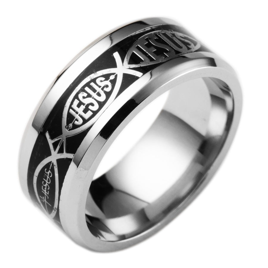 Pattern Fashion Titanium Steel Jesus Fish Ring for Couples