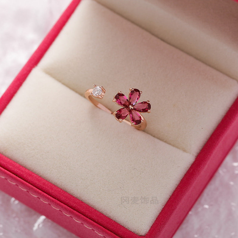 Korean Fashion Crystal Zircon Flower Adjustable Ring