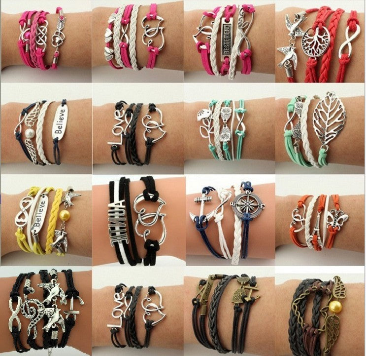 Fashion Multi-Element Leaf Heart Butterfly Owl Braided Women's Bracelet